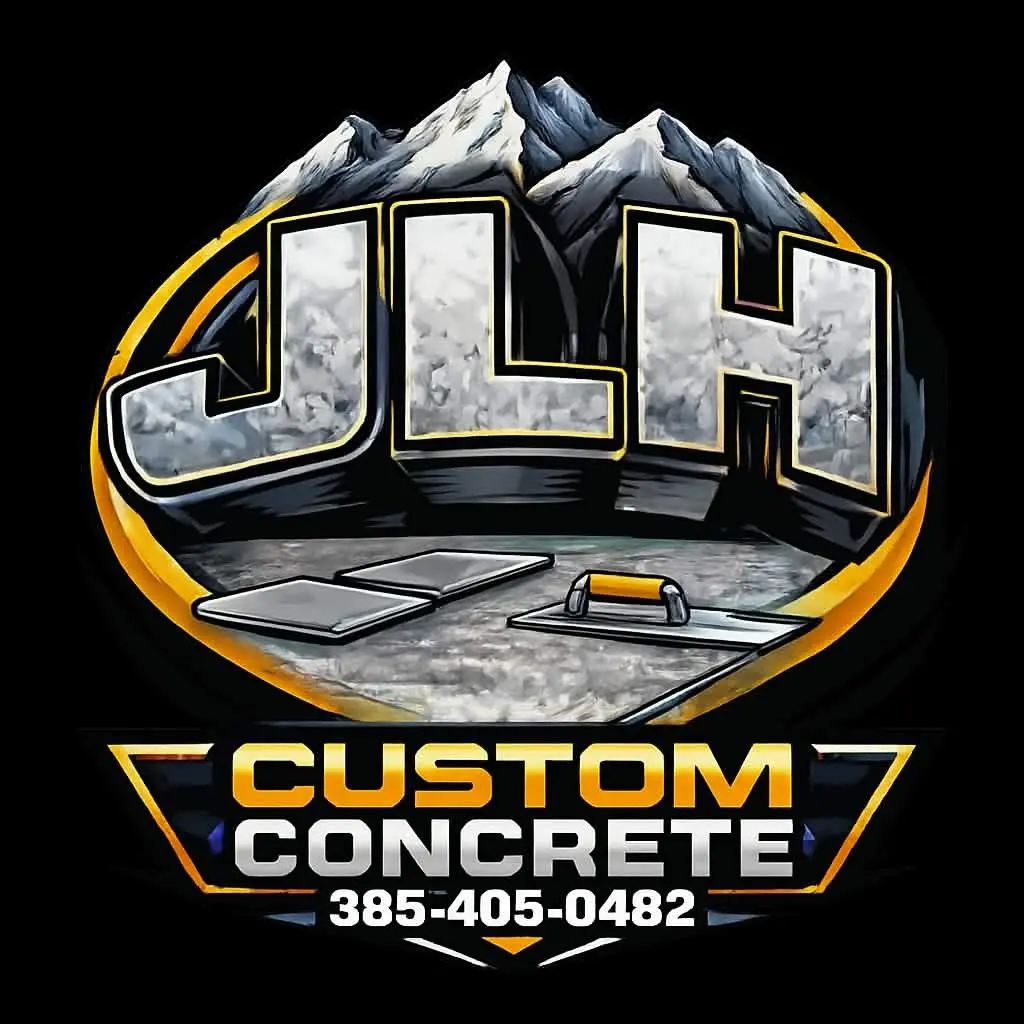 JLH Custom Concrete logo with mountains and concrete finishing tools